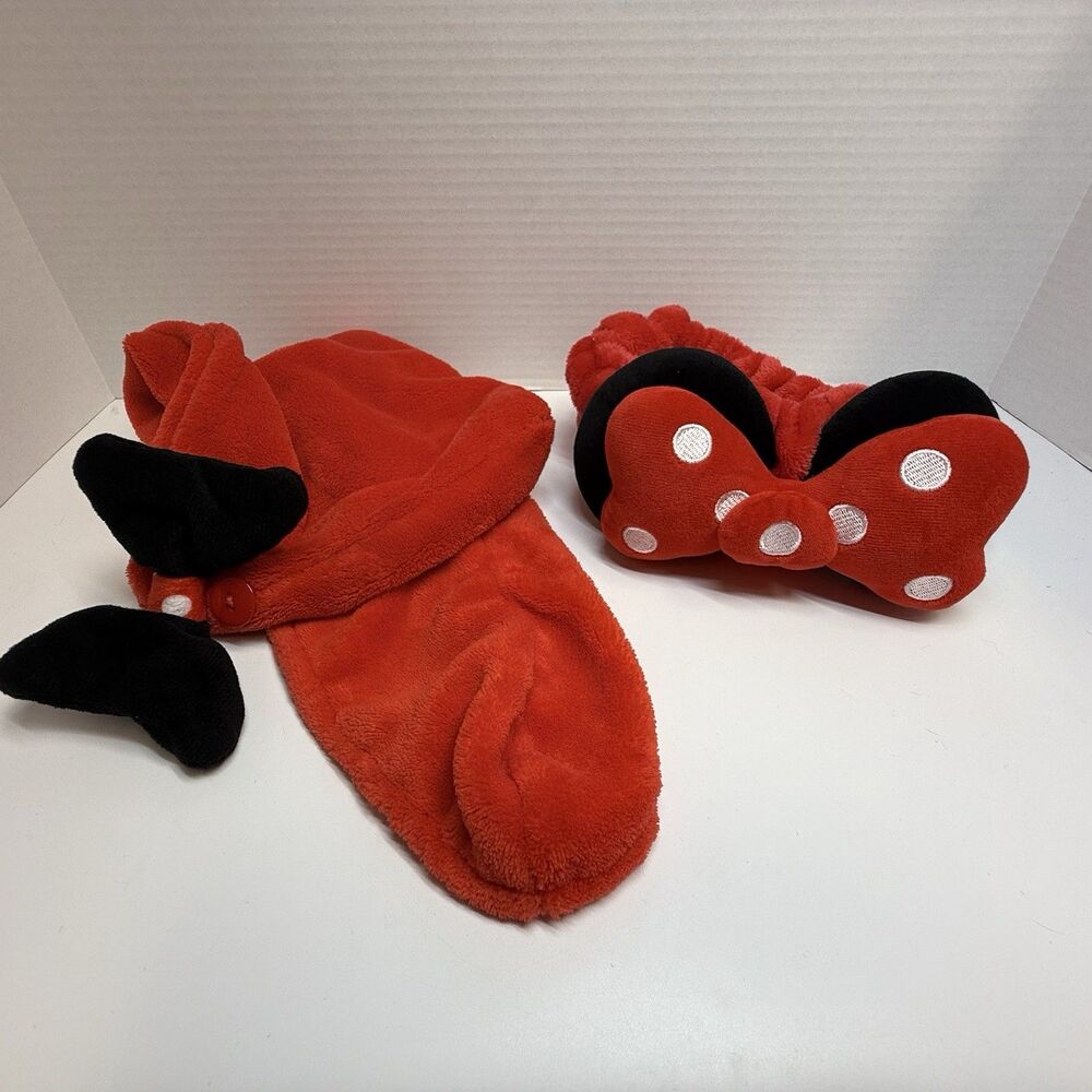 Disney Minnie Mouse 2 Piece Bundle Plush Bow Headband & Towel Hair Turban New